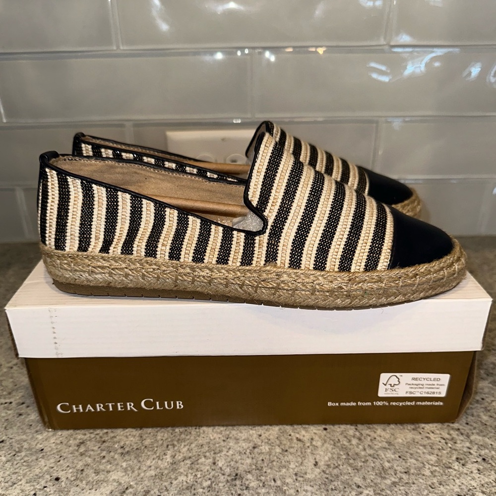 NIB Charter Club Jonii Espadrille Flats Navy Stripe Canvas Size 9.5 M